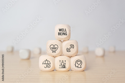 Employee wellbeing concept. Wooden blocks with physical, mental, emotional health icons. Creating employee benefits, satisfaction programs. Fostering positive work culture, employee engagement