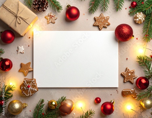 Merry Christmas greeting template with festive holiday atmosphere. Features elegant Christmas decorations, seasonal elements, and warm winter colors. Suitable for greeting cards, posters, banners, soc
