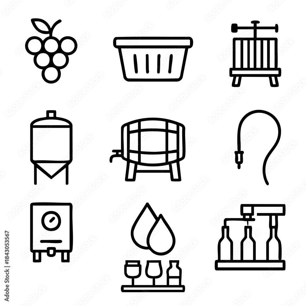 Fototapeta premium Wine Production Process Line Icons Set