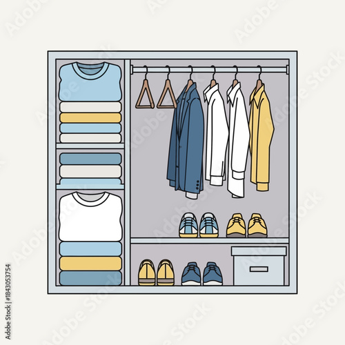 Closet with folded clothes hanging shirts shoes and a box.