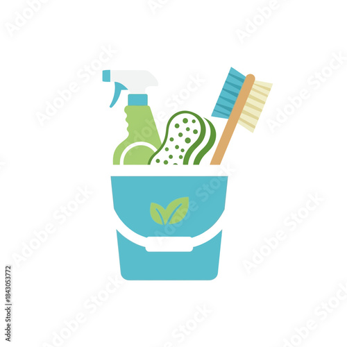 Cleaning supplies including spray bottle sponge and brush are in a bucket.