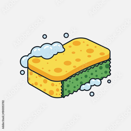 Cartoon sponge with yellow and green sides and bubbles around it.