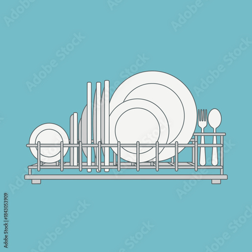 Dishes plates and silverware are in a dish rack for drying.