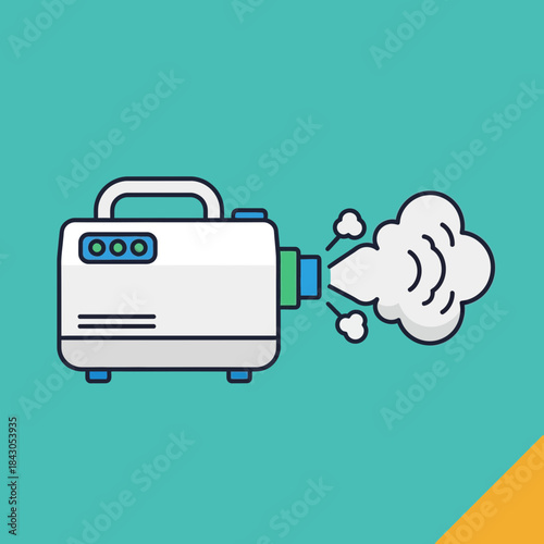 Cartoon fogging machine emitting vapor or smoke illustration with handle and buttons.
