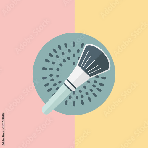 A makeup brush lies diagonally on a dotted circle.