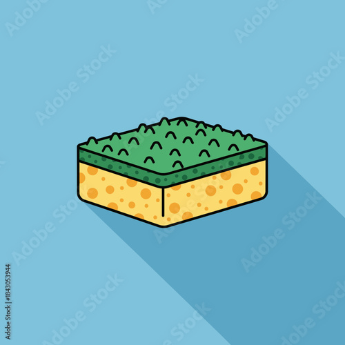 Cartoon sponge with green scrubby top and yellow porous bottom layer.