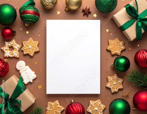 Merry Christmas greeting template with festive holiday atmosphere. Features elegant Christmas decorations, seasonal elements, and warm winter colors. Suitable for greeting cards, posters, banners, soc