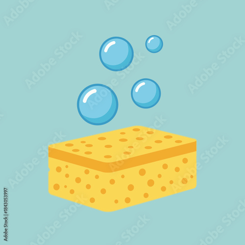 Yellow sponge with holes and blue bubbles floating above it.