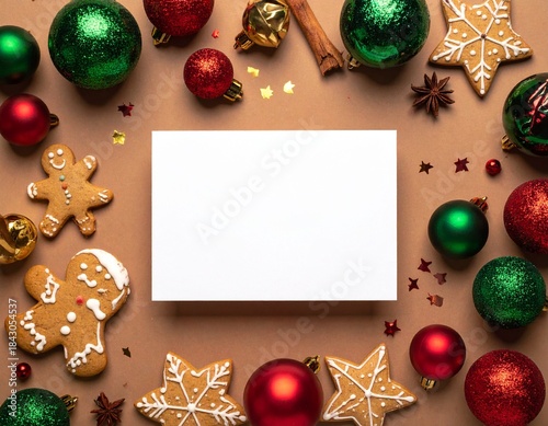 Merry Christmas greeting template with festive holiday atmosphere. Features elegant Christmas decorations, seasonal elements, and warm winter colors. Suitable for greeting cards, posters, banners, soc