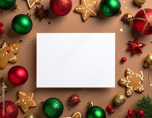 Merry Christmas greeting template with festive holiday atmosphere. Features elegant Christmas decorations, seasonal elements, and warm winter colors. Suitable for greeting cards, posters, banners, soc