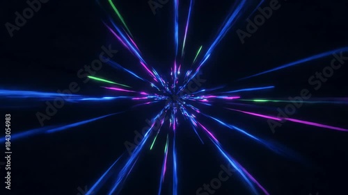 Abstract high-speed flight through a seamless loop tunnel of glowing neon blue and magenta light streaks