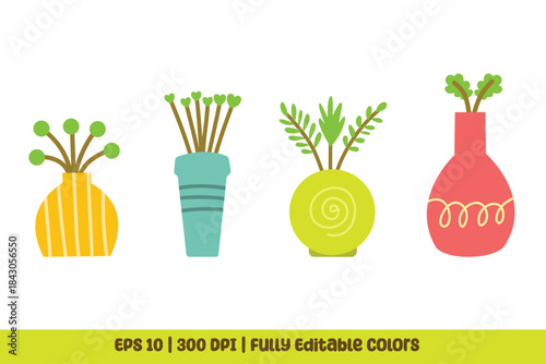 Modern Vase Vector Clipart Bundle with Mini Houseplants. Suitable for clip art, stickers, flat design illustration, etc