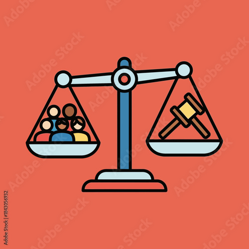 Scales of justice hold people and a gavel balancing law and society.