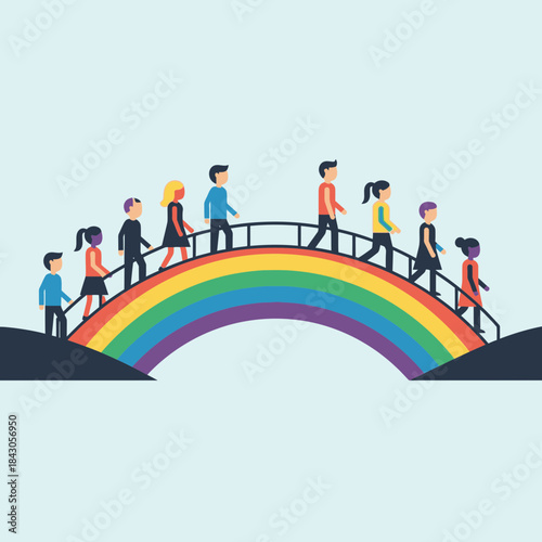 People are walking across a rainbow bridge with railings on each side.