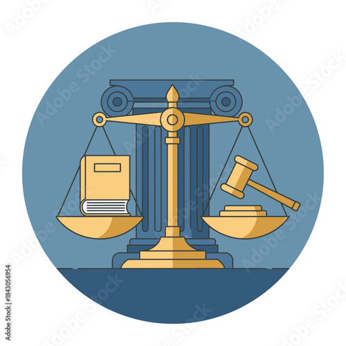 Scales with book and gavel in balance before a column illustration.