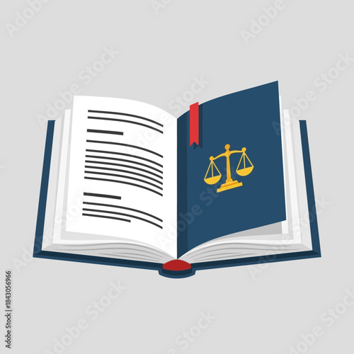 Open book with scales of justice symbol and a red bookmark.