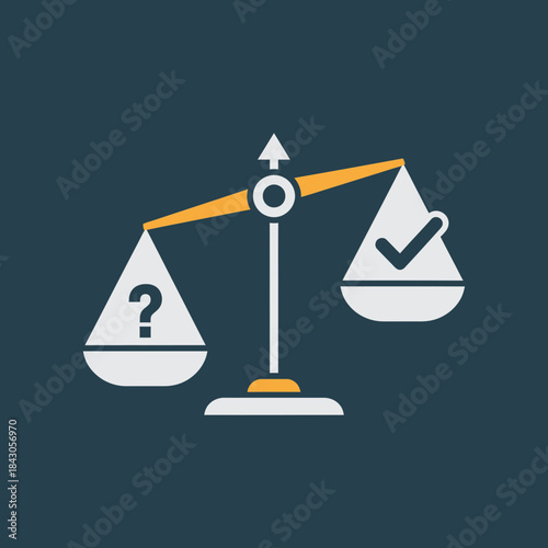 Scales show a question mark versus a check mark concept illustration.