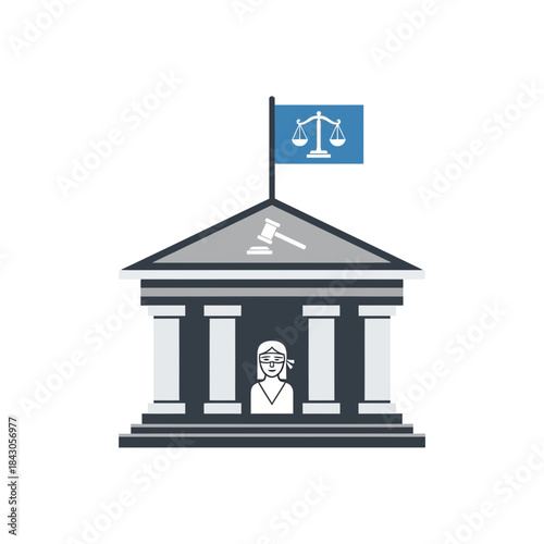 Building with columns gavel and scales of justice on a flag.