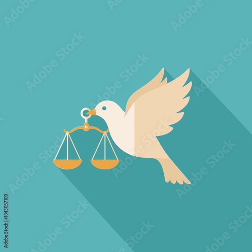 A bird carries scales of justice in its beak.