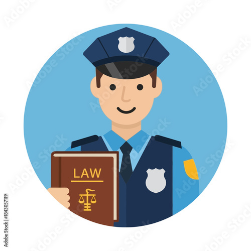 Policeman holds law book wearing uniform and hat.
