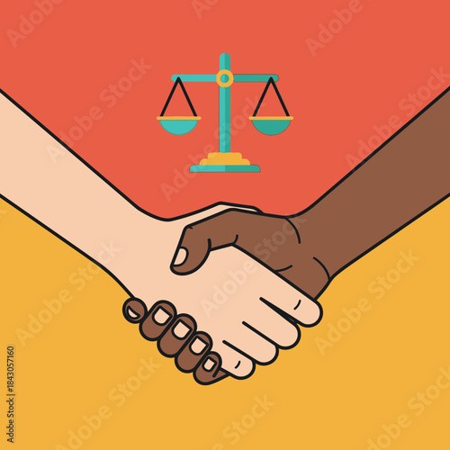 Two hands of different skin tones shake hands below scales of justice.