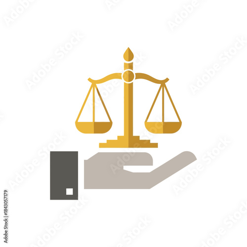 A stylized hand holds a golden scale of justice illustration.