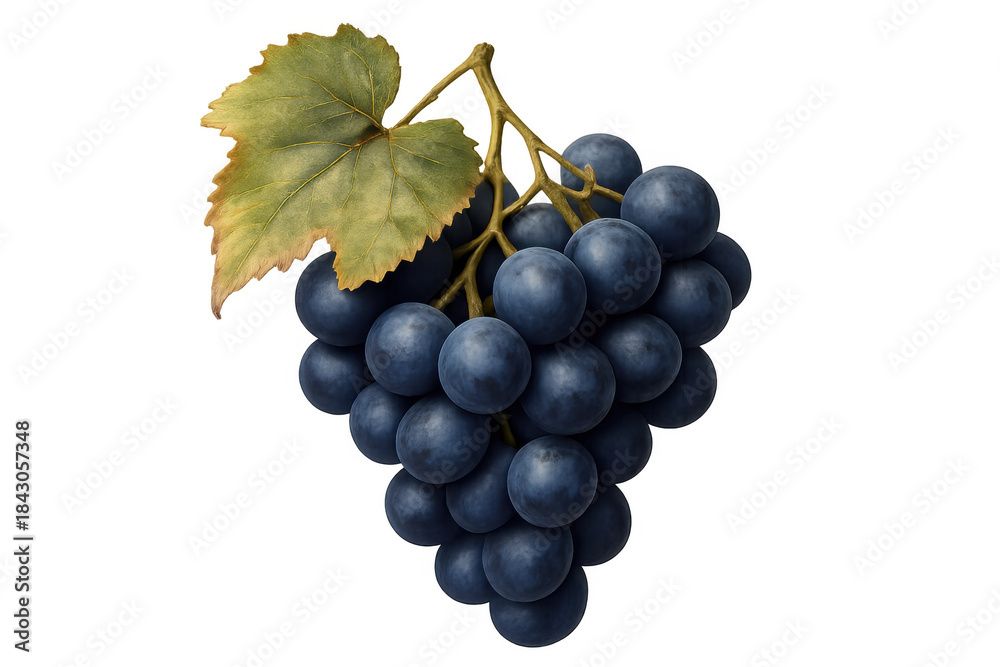 Fototapeta premium Bunch of dark purple grapes with a green leaf and stem, presenting fresh fruit for healthy snacking or wine making, transparent background