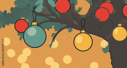 Colorful holiday ornaments hang from dark tree branches against a warm background for seasonal advertising.
