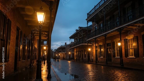 Atmospheric Time-Lapse of a Rainy Cobblestone Street with Gas Lamps and Horse Carriages at Dusk