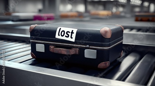 Lost black luggage with a missing tag showing lost sticker, moving on a conveyor belt in an airport baggage claim area, depicting issues with travel and baggage handling