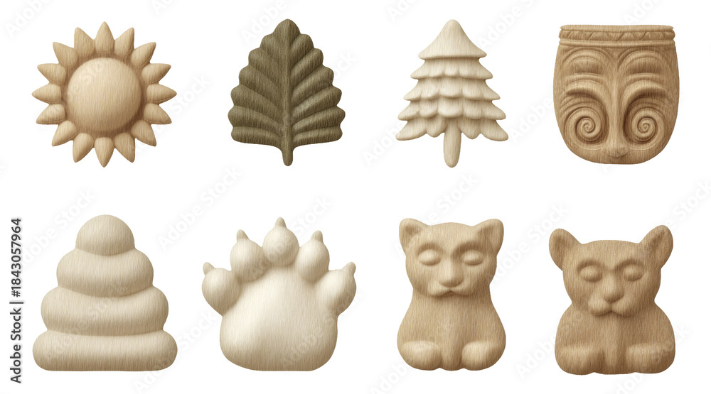 Fototapeta premium Carved Wood Symbols Featuring Sun, Trees, Animals, and Nature Emblems on Transparent Background