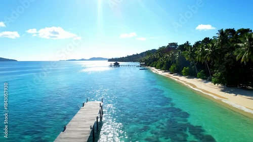 Wallpaper Mural Aerial View of a Tropical Paradise Island with a Wooden Pier over Crystal Clear Turquoise Water Torontodigital.ca
