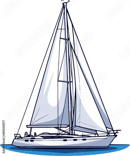 Sailboat Vector Illustration, Modern Sailing Yacht For Ocean Travel, Leisure And Marine Transportation