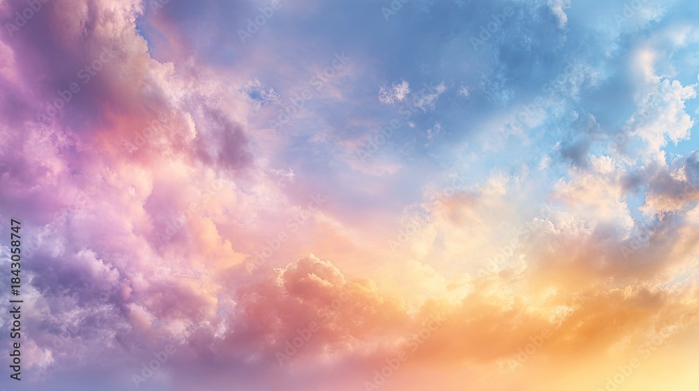 Obraz premium Vibrant sunset sky with soft, illuminated clouds, gradient hues.