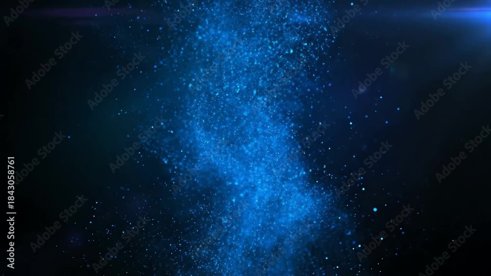 Abstract blue particle stream with light flares in dark space ...