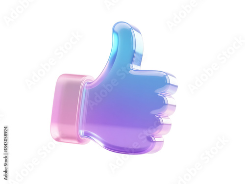 3D render Iridescent Glossy Thumbs Up Like Icon in Pastel Gradient Colors for Social Media Like Concept