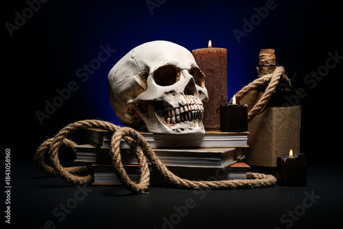 Human skull with rope, book...