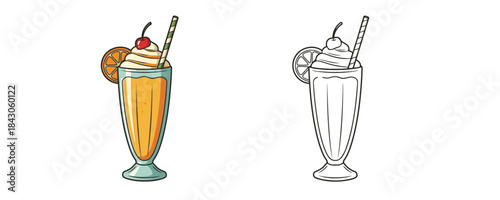 Summer orange fruit drinks with a straw and whipped cream in a transparent glass, one colored and one black and white outline vector illustration