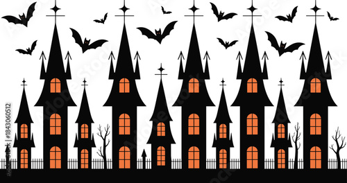 Haunted Gothic Castle Silhouette with Bats, Spooky Halloween Night Scene, Flat Vector Illustration for Horror, Fantasy, and Dark Background Design