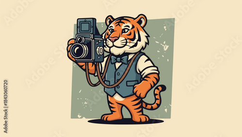 Vintage Tiger Photographer Mascot Retro Analog Camera Illustration