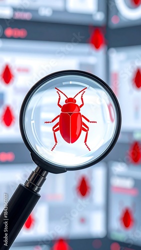A magnifying glass focuses on a large red bug icon, overlaying a background of multiple screens displaying similar digital threats.