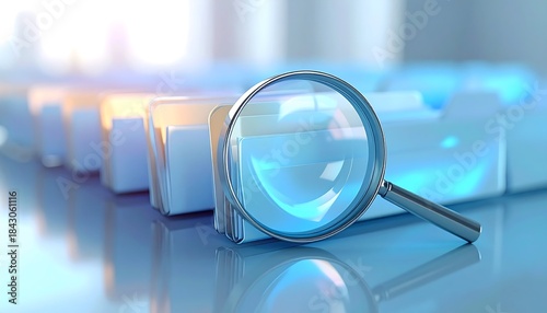 A magnifying glass is placed in front of a row of digital file folders, representing data search.
