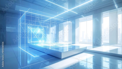 A minimalist, brightly-lit futuristic room with a large, glowing blue holographic blueprint or wireframe structure projected over a platform.