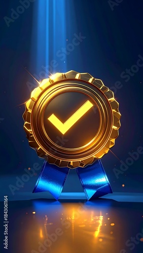 A premium, shiny gold badge with a checkmark and blue ribbon under dramatic spotlight.