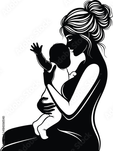 Beautiful mother holding baby silhouette illustration representing maternal love, family bonding, motherhood affection, parent and child artwork for nurturing themes