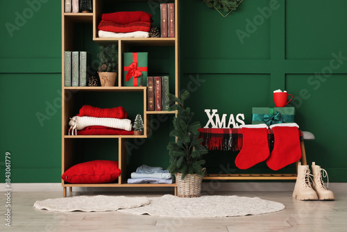 Bookshelf with books, stack...