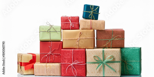Stack Of Colorful Gift Boxes Wrapped In Ribbons For Holidays And Celebrations