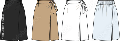 Flat sketch of wrap midi skirts with button and tie, front view fashion illustration, vector technical drawing, different fabric styles

 flat vector illustration