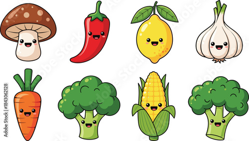 Adorable Cartoon Vegetables and Fruits with Happy Expressions, Perfect for Healthy Eating Illustrations flat vector illustration