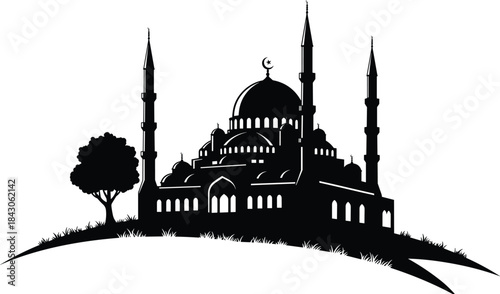 Beautiful Islamic mosque silhouette with minarets, dome, and tree on grassy hill, religious architecture, peaceful black and white illustration